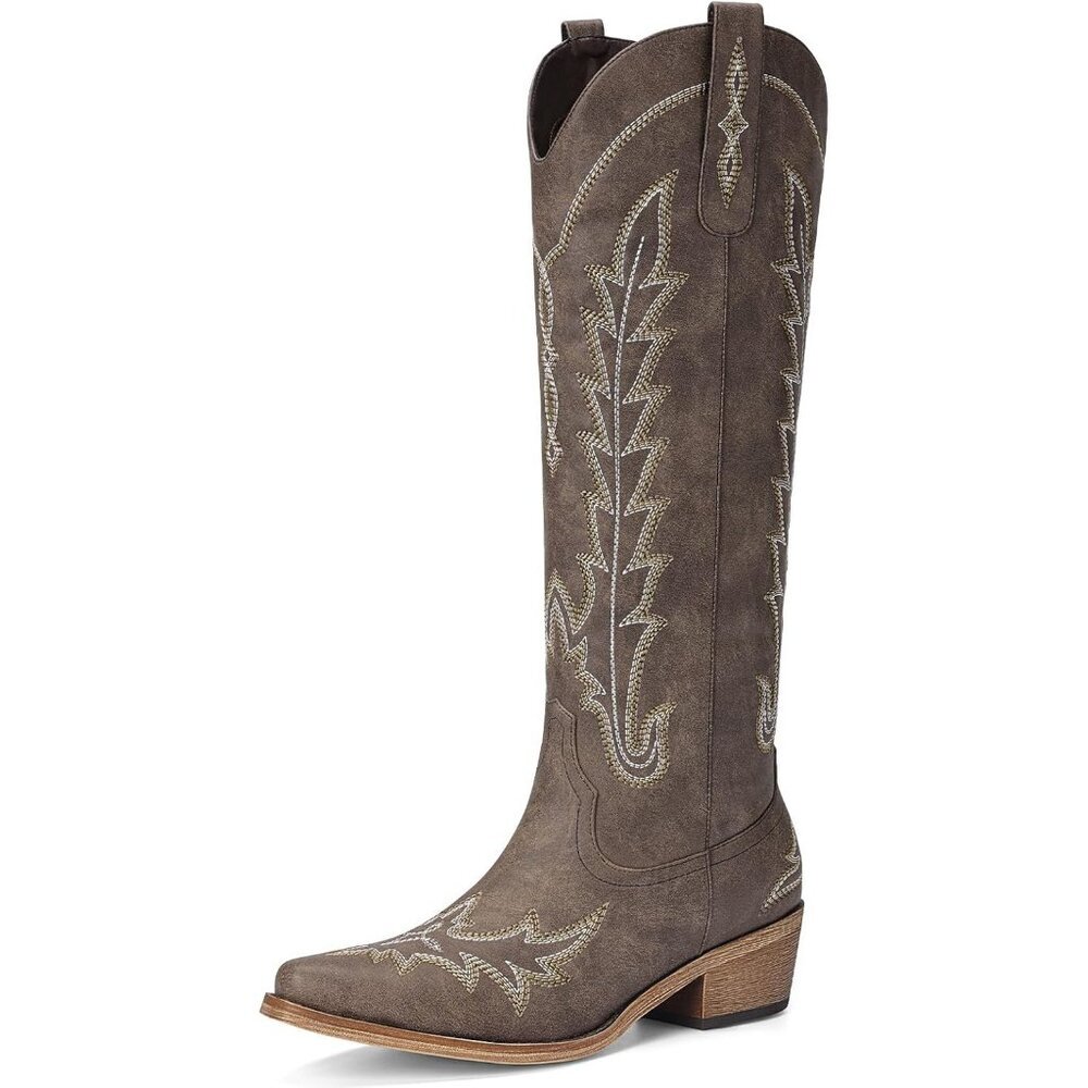 ⚡Women Dark Brown Polyurethane Knee High Pointed Toe Chunky Heel Zipper Boots